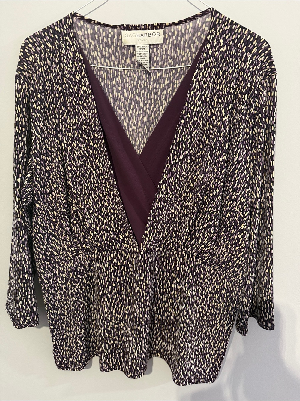 Sag Harbor Plum and Cream Printed Surplice Blouse